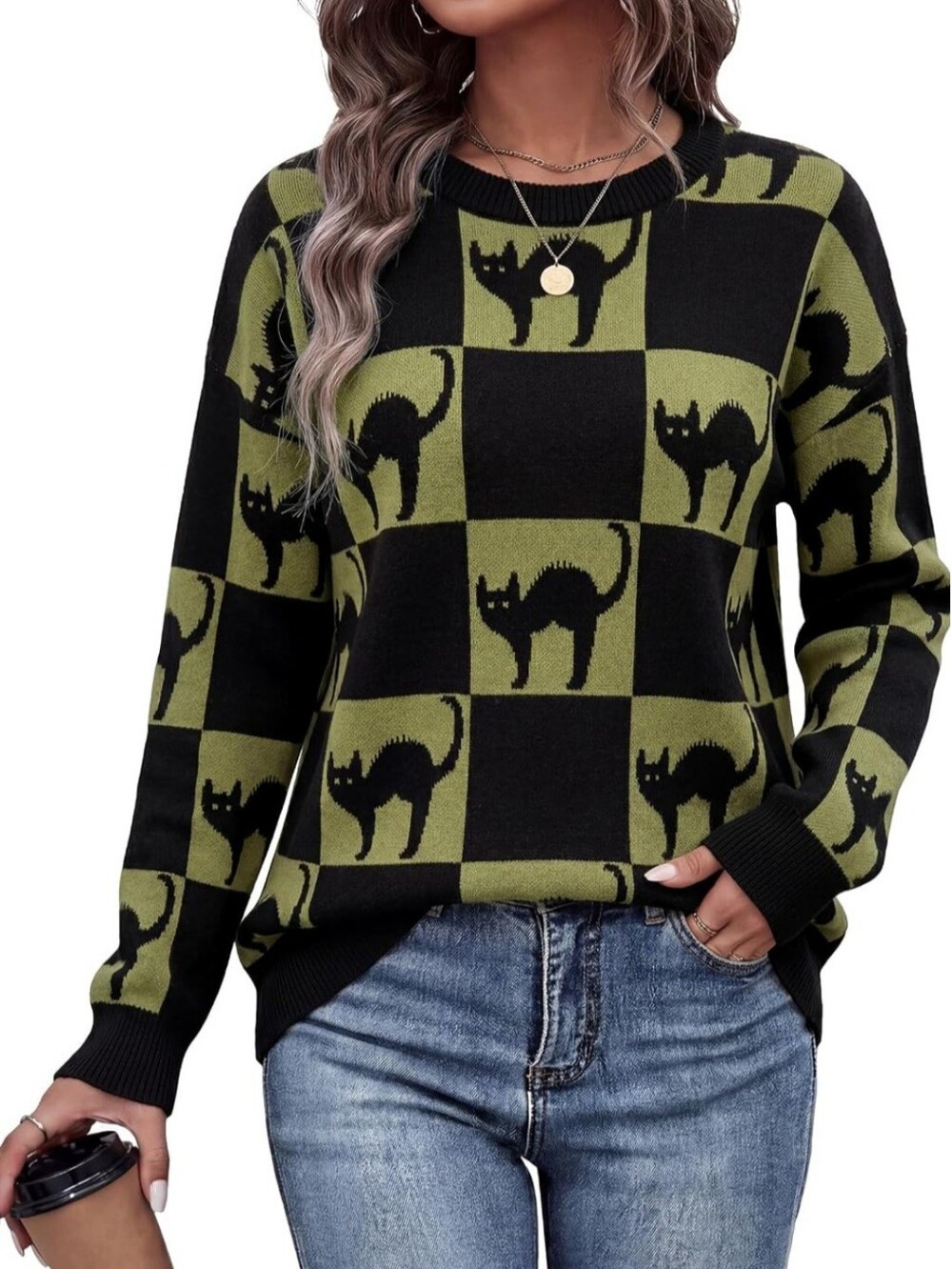 New Black Cat Halloween Sweater Women’s Small Army Green Black Checkered Soft Kn
